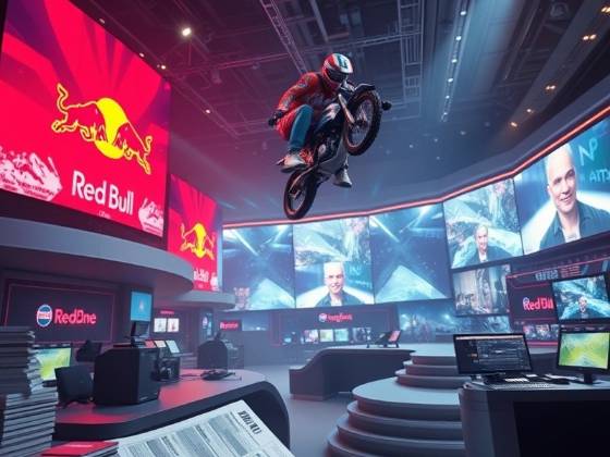 Dynamic scene of a beverage company evolving into a media empire, featuring an athlete mid-air.