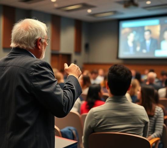 media pioneer leader, inspiring expression, leading a seminar, photorealistic, school auditorium with attentive students, highly detailed, presentation slides projected, 24mm lens, soft overhead lights, shot with a Panasonic GH5