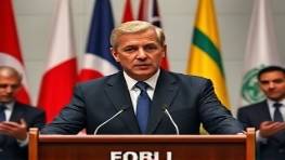 credible media representative, persuasive expression, speaking at press conference, photorealistic, podium in front of world flags, highly detailed, journalists taking notes, 85mm lens, cool neutral lighting, shot with a Leica M10