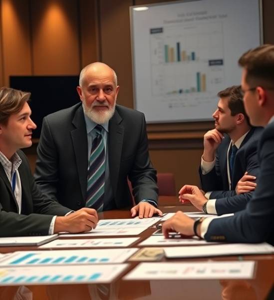 respected media advisor, thoughtful expression, consulting with a team, photorealistic, boardroom with large conference table and charts, highly detailed, strategy discussions taking place, 85mm lens, balanced artificial lighting, shot with a Sony A9 II